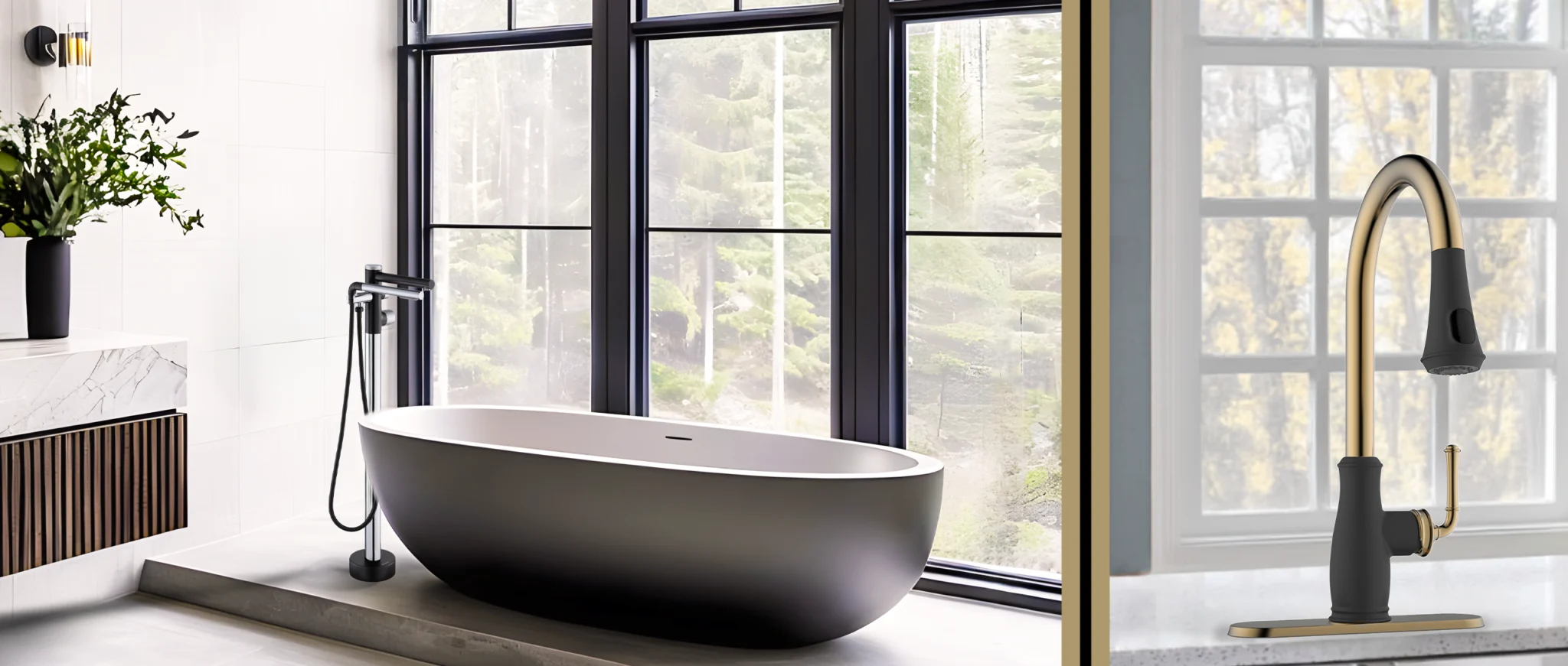 AKUALUX by Dimex360 – luxurious bathroom and kitchen designs featuring a freestanding bathtub faucet in a chrome and matte black finish and a champagne gold and matte black kitchen faucet