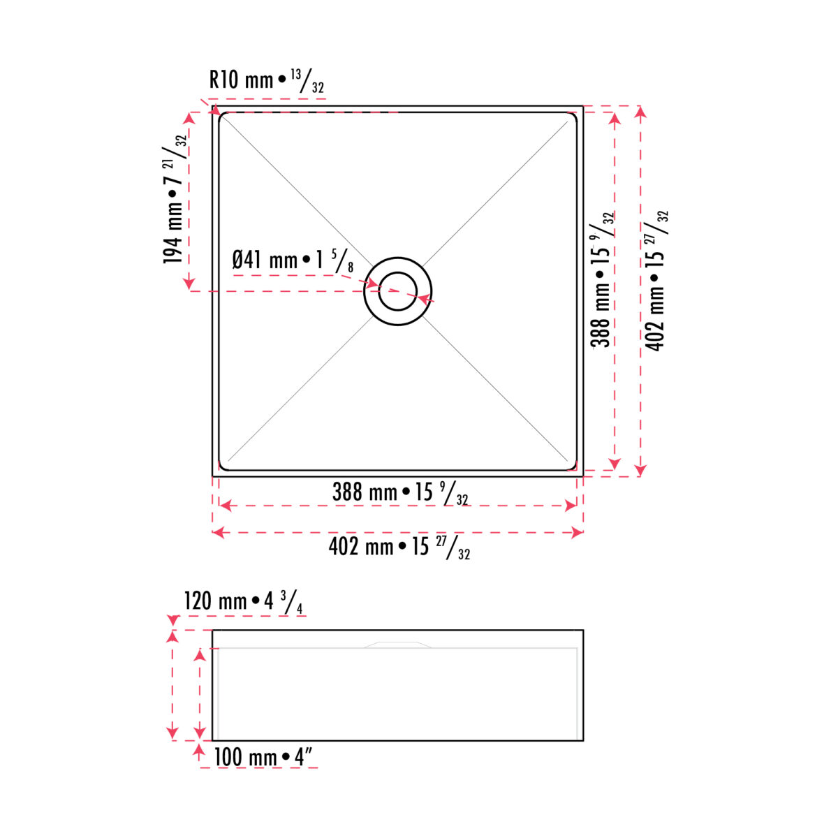 Square Counter-Top Basin 15 7/8" x 15 7/8" x 4 1/2" made of 304 Stainless Steel by AKUALUX®