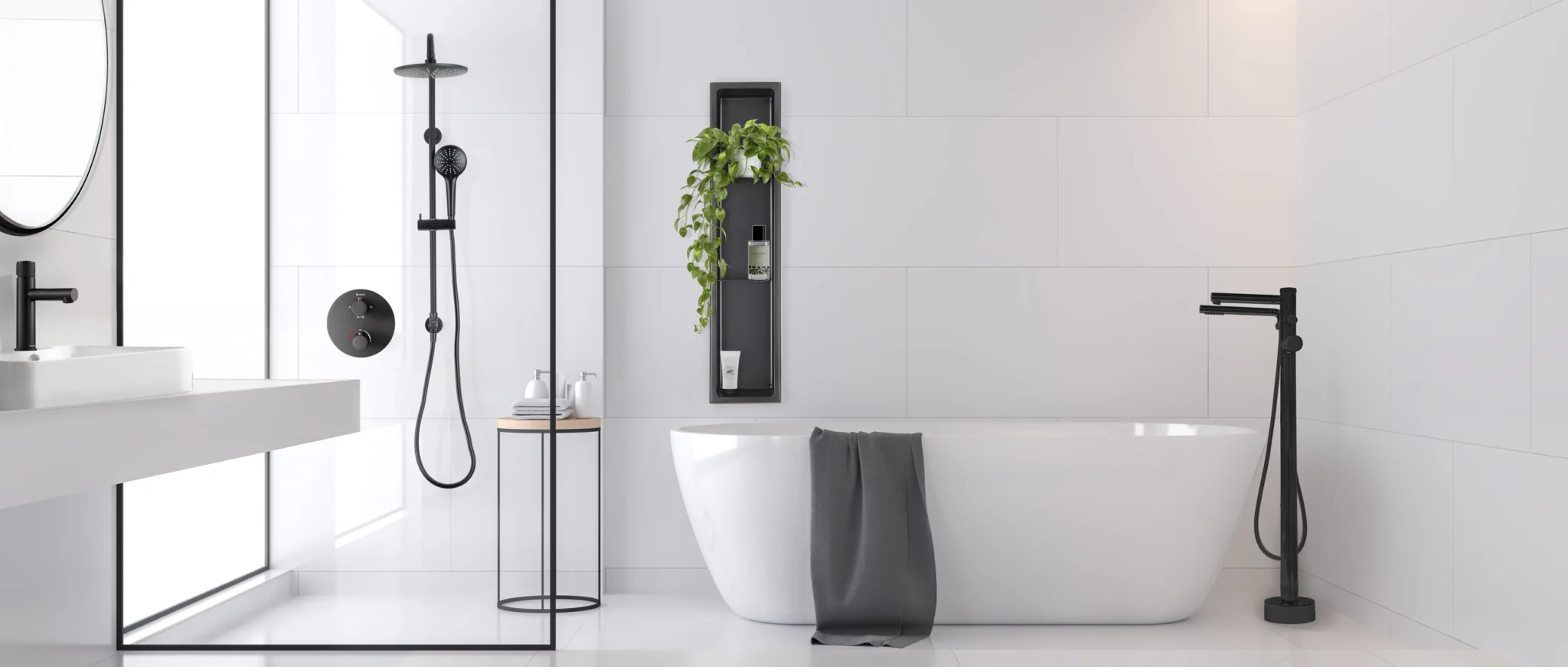 Elegant akuaplus® bathroom featuring modern fixtures, including a sleek black freestanding faucet and a wall-mounted rain shower system, creating a serene and contemporary spa-like atmosphere.
