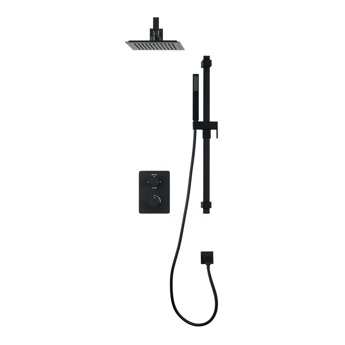 Square 4-way thermostatic shower set with waterfall shower head and hand shower on shower rail by akuaplus®