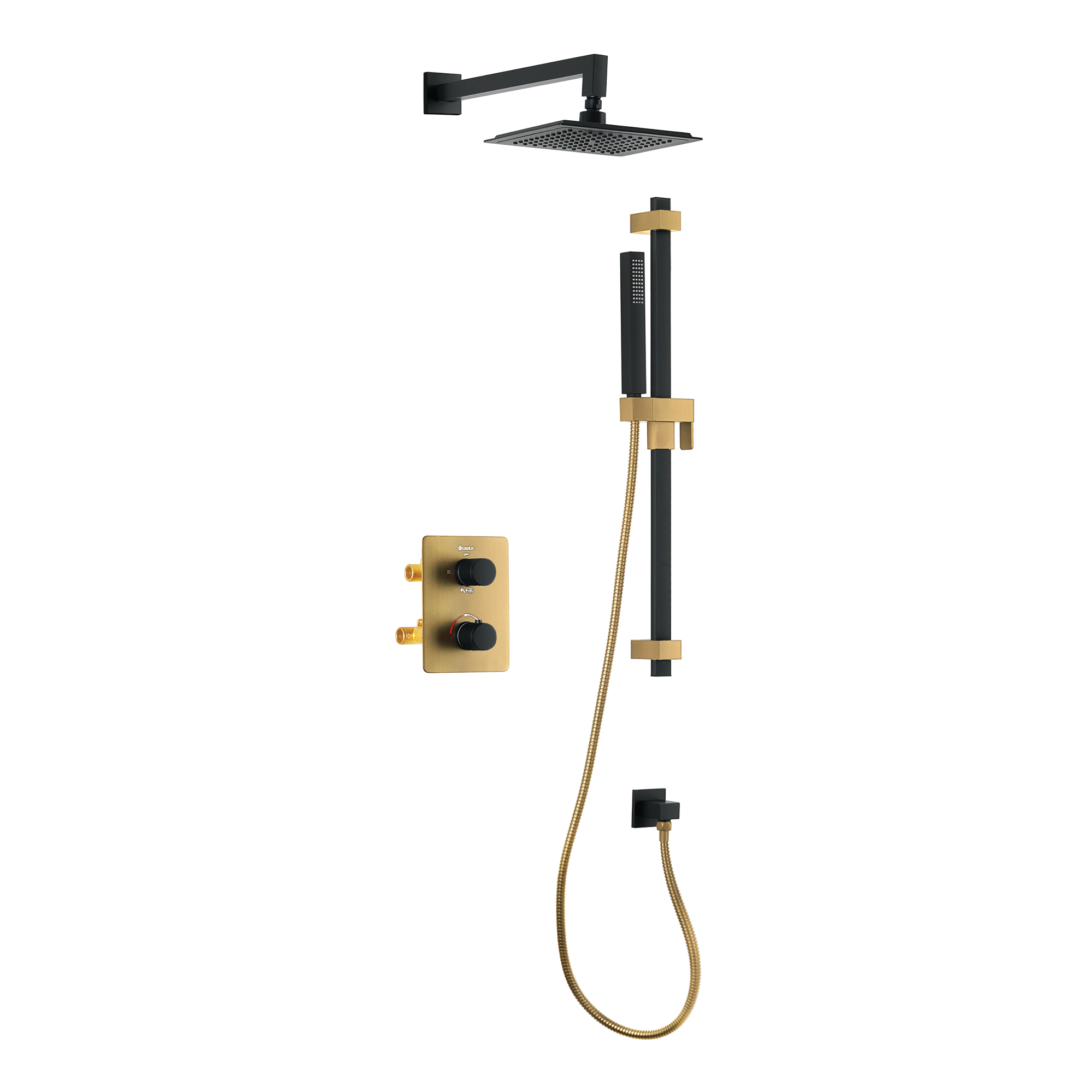 Square 4-way thermostatic shower set with waterfall shower head and hand shower on shower rail by AKUALUX®