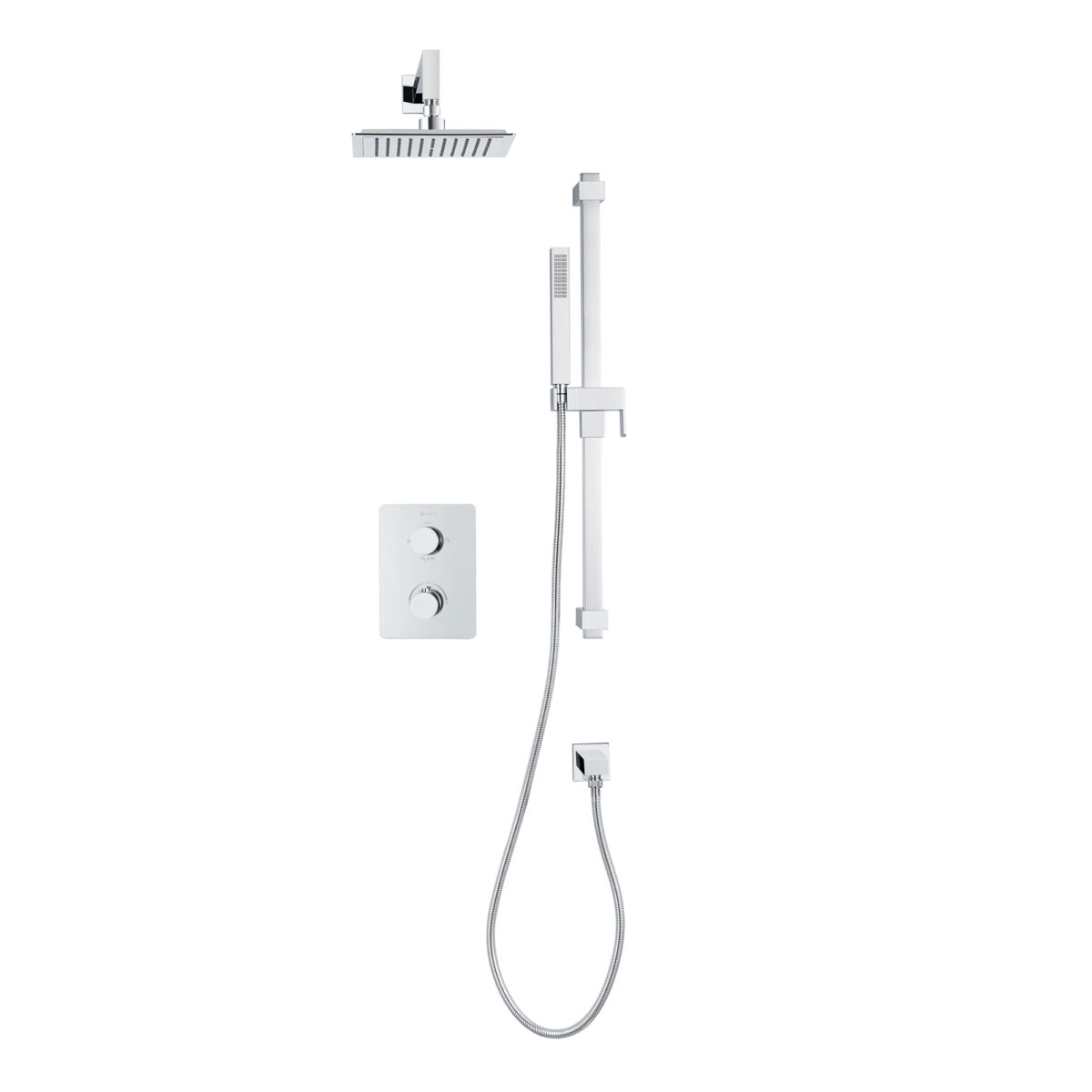 Square 4-way thermostatic shower set with waterfall shower head and hand shower on shower rail by akuaplus®