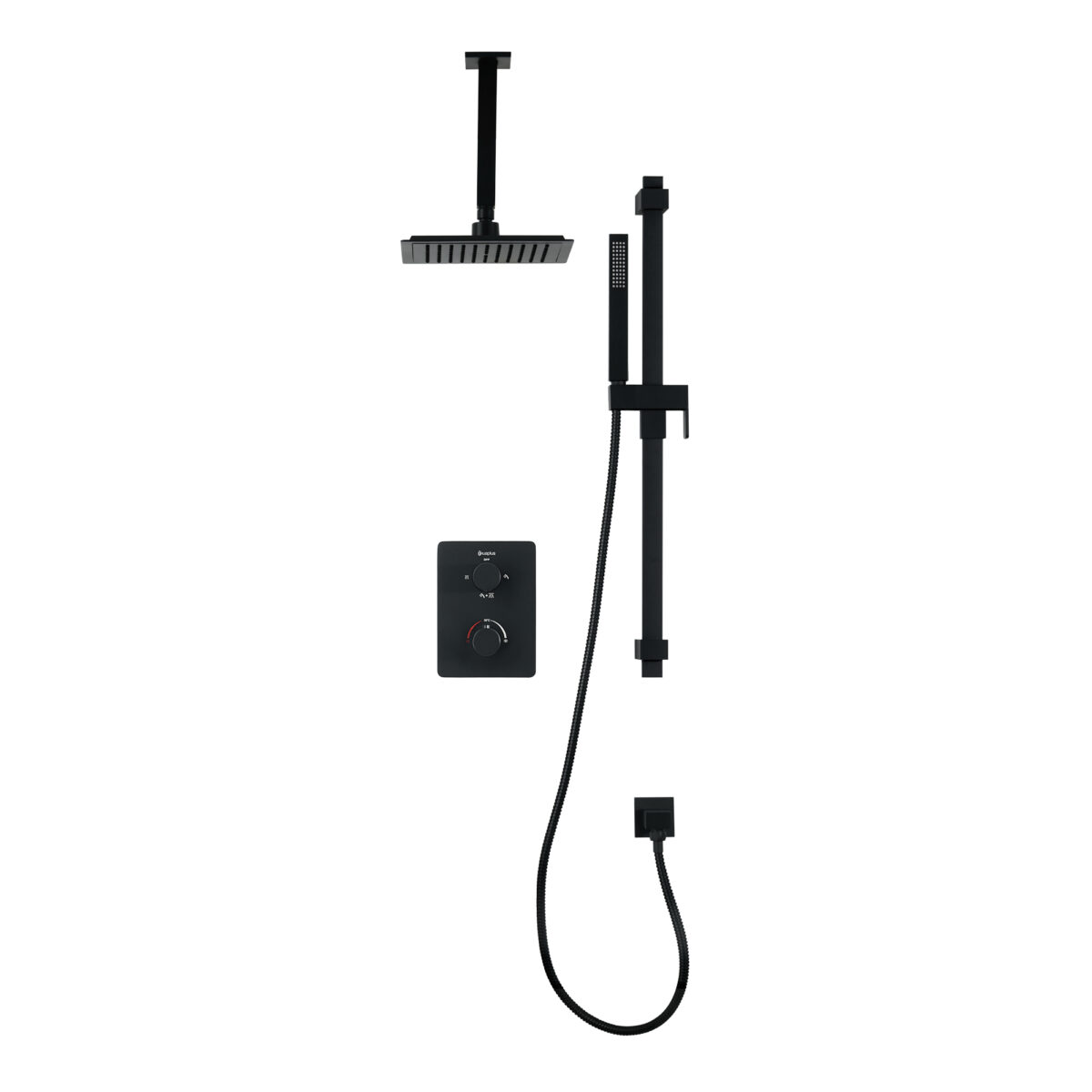 Square 4-way thermostatic shower set with waterfall shower head and hand shower on shower rail by akuaplus®