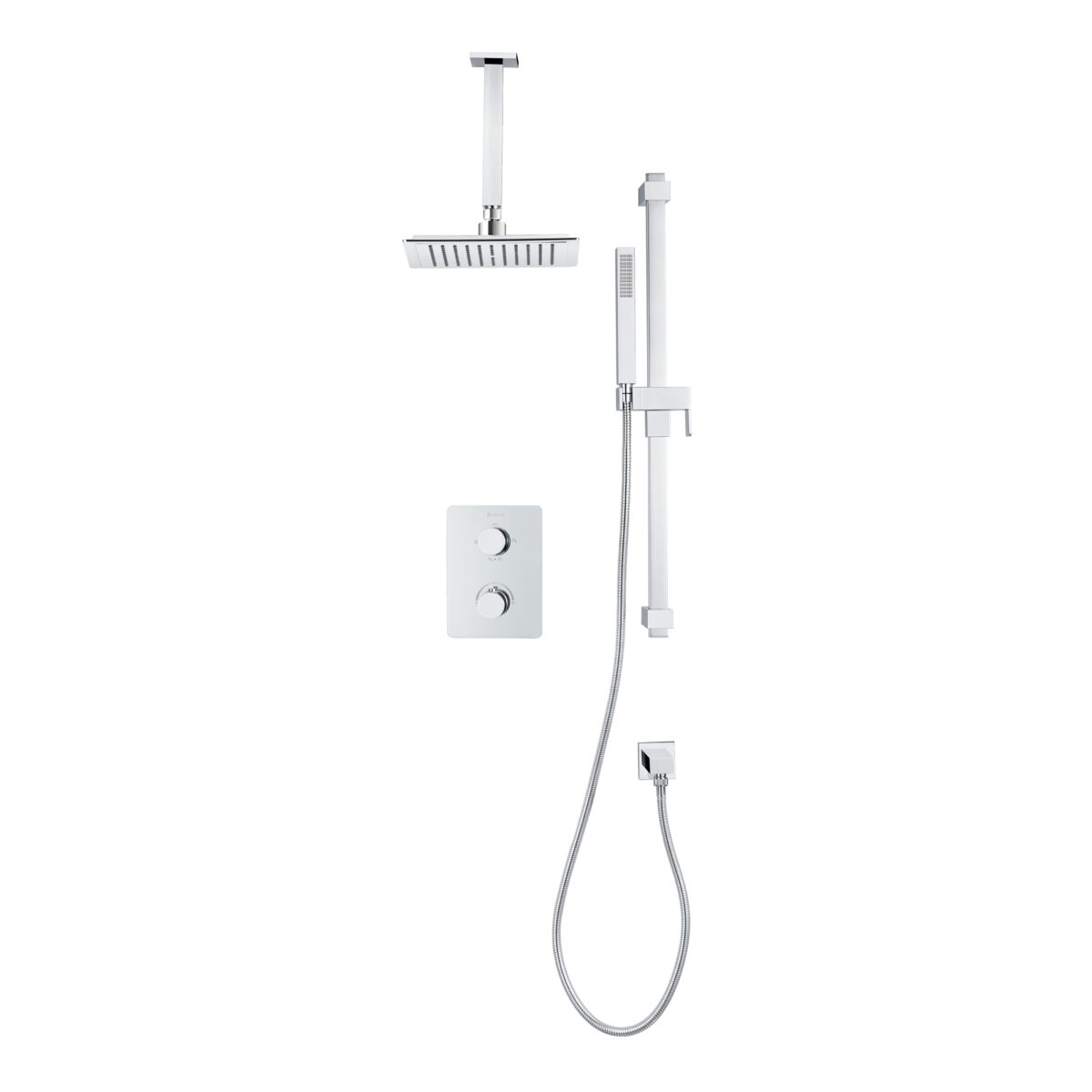 Square 4-way thermostatic shower set with waterfall shower head and hand shower on shower rail by akuaplus®