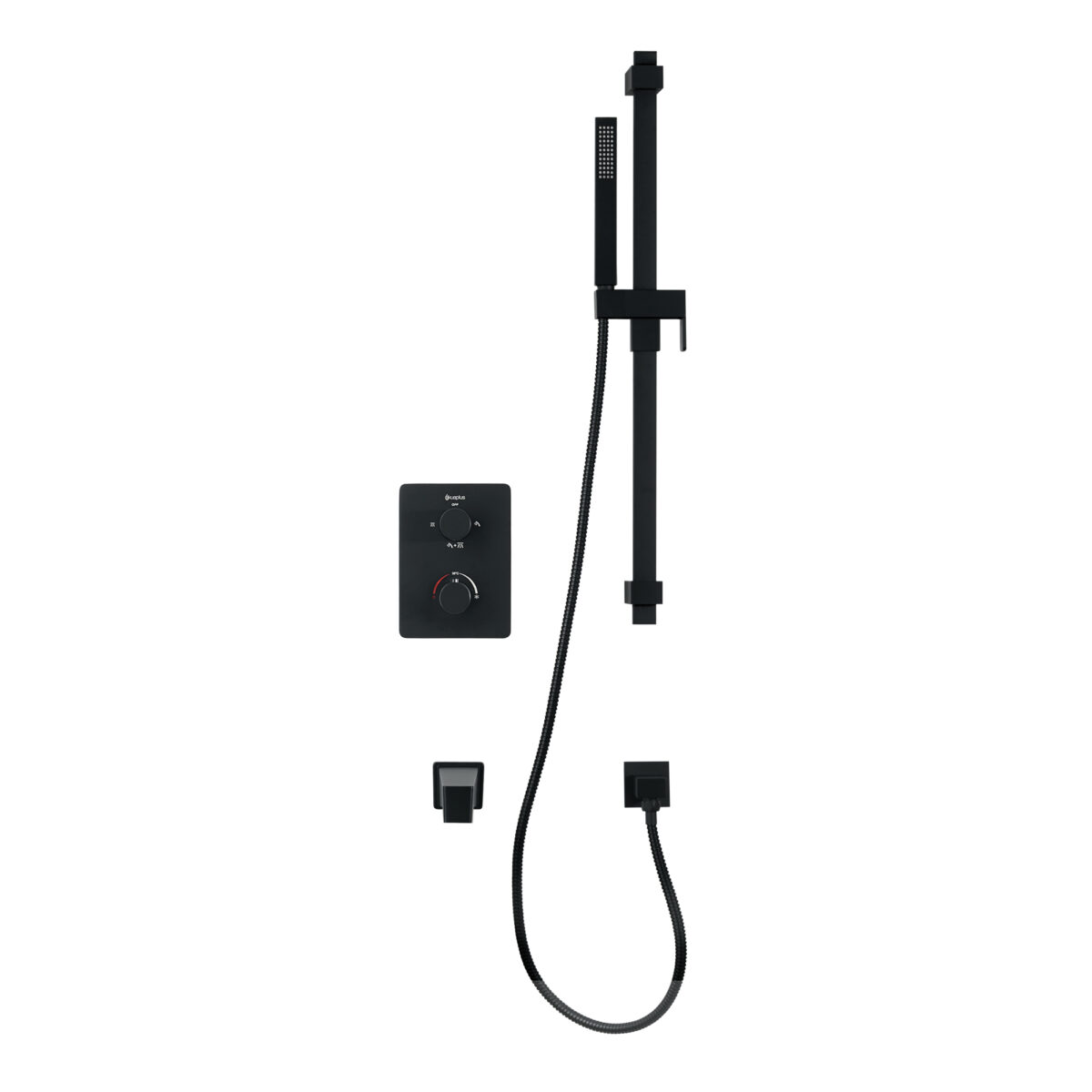 Square 4-way thermostatic bath and shower set with hand shower on shower rail by akuaplus®