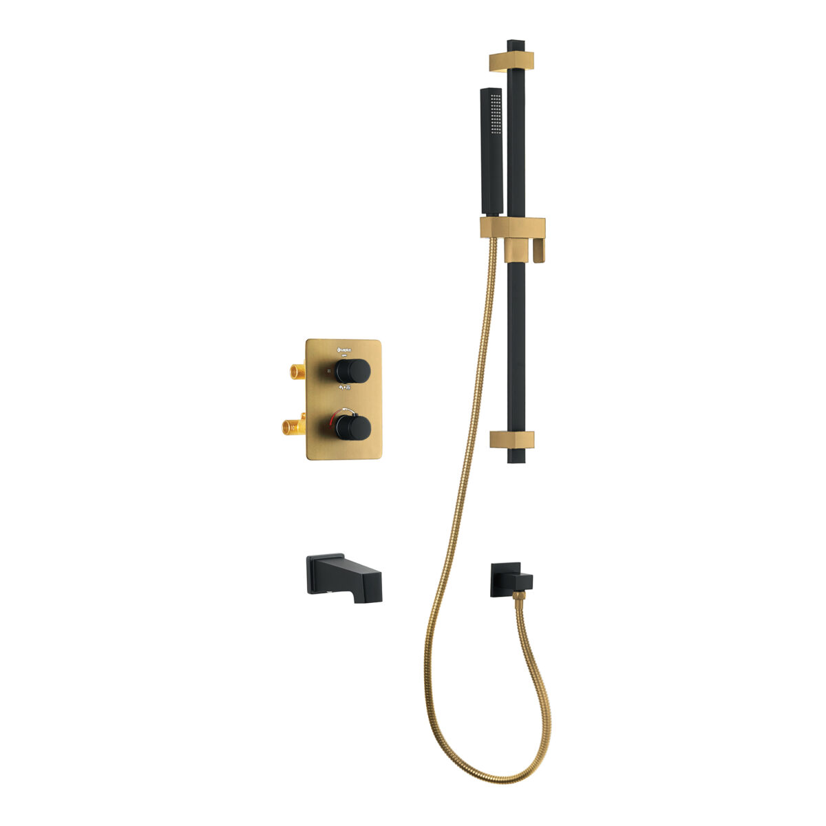 Ensemble bain-douche thermostatique carré à 4 voies avec douchette sur barre de douche AKUALUX®