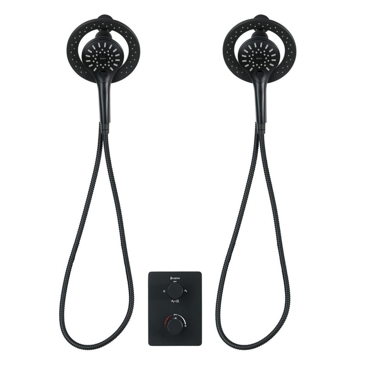 Square 4-way thermostatic duo shower set with 2 magnetic shower heads and hand showers with 3 settings by akuaplus®