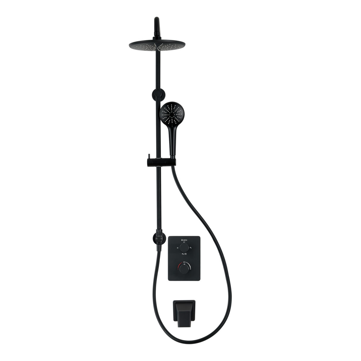 Square 4-way thermostatic bath-shower set with 3-setting waterfall shower head and hand shower system by akuaplus®