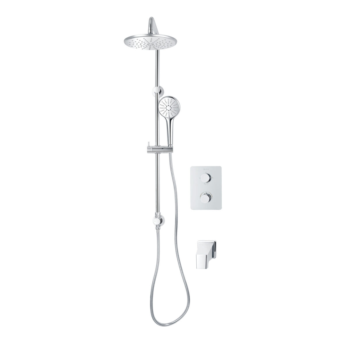 Square 4-way thermostatic bath-shower set with 3-setting waterfall shower head and hand shower system by akuaplus®