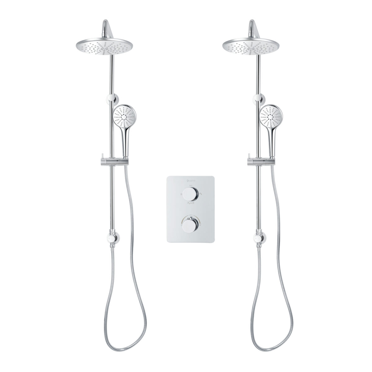 Square 4-way thermostatic duo shower set with 2 waterfall shower head and 3-setting hand shower systems by akuaplus®