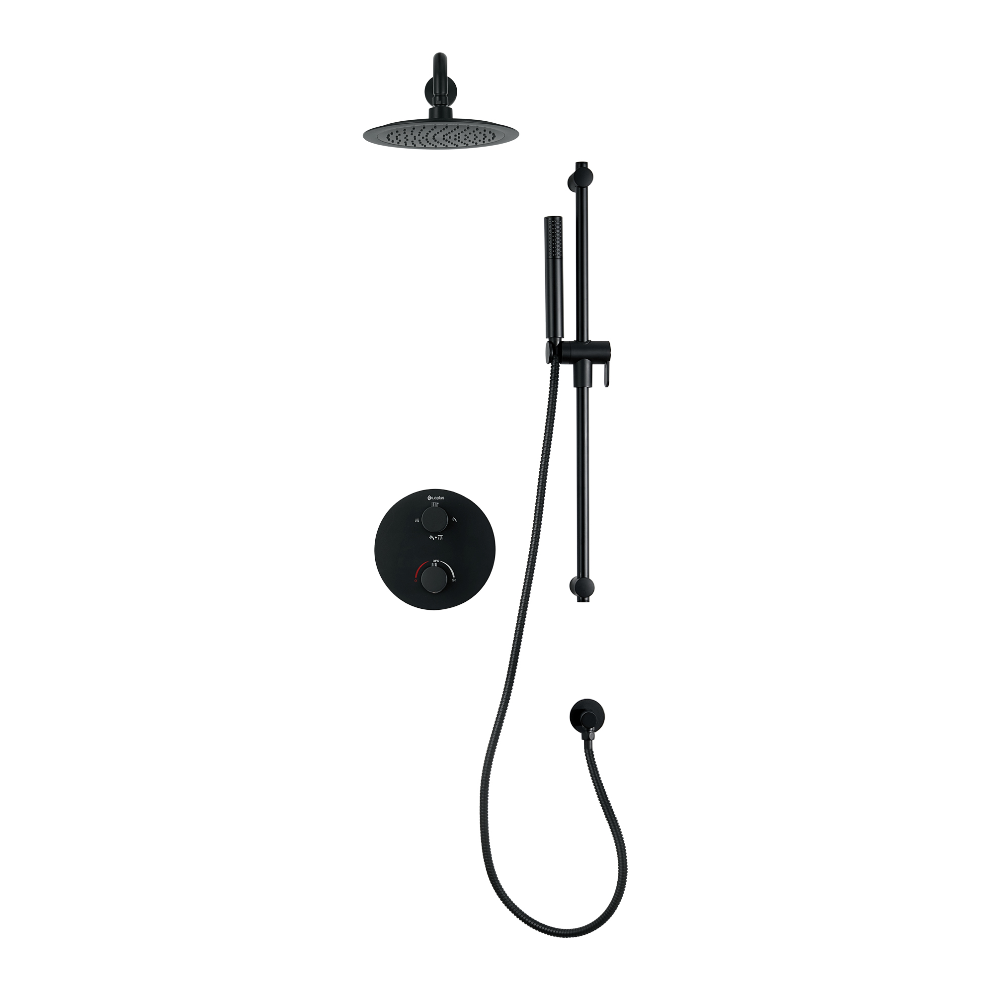 Ensemble de douche thermostatique rond à 4 voies avec pommeau de douche pluie et douchette sur barre de douche par akuaplus®