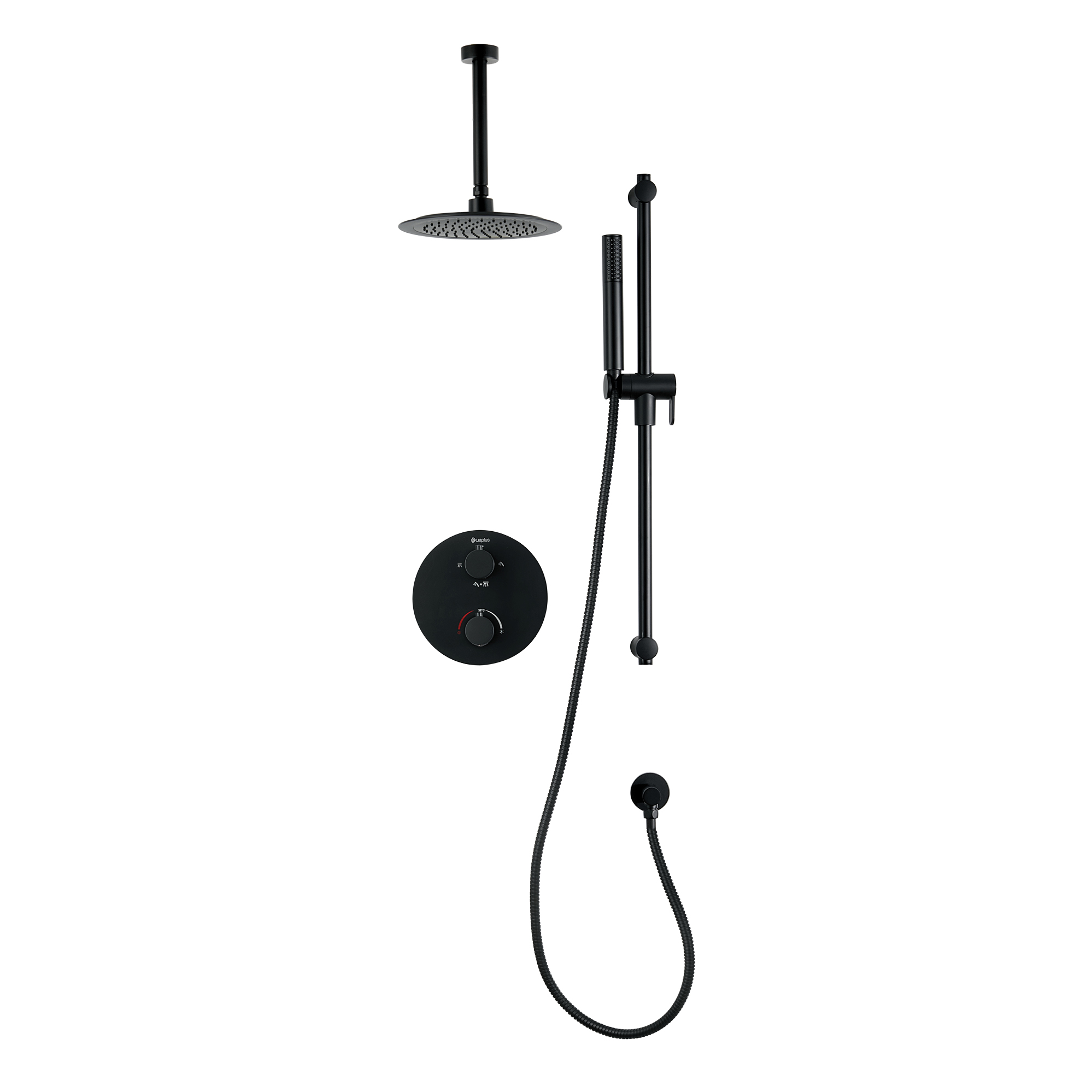 Ensemble de douche thermostatique rond à 4 voies avec pommeau de douche pluie et douchette sur barre de douche par akuaplus®