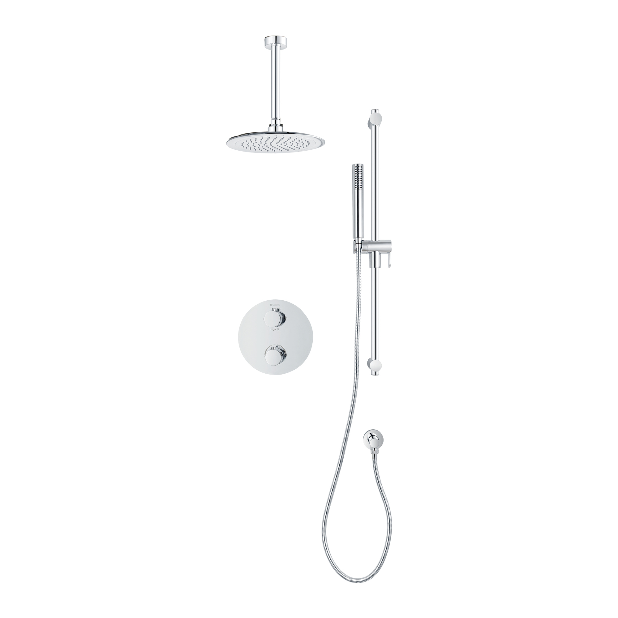 Ensemble de douche thermostatique rond à 4 voies avec pommeau de douche pluie et douchette sur barre de douche par akuaplus®