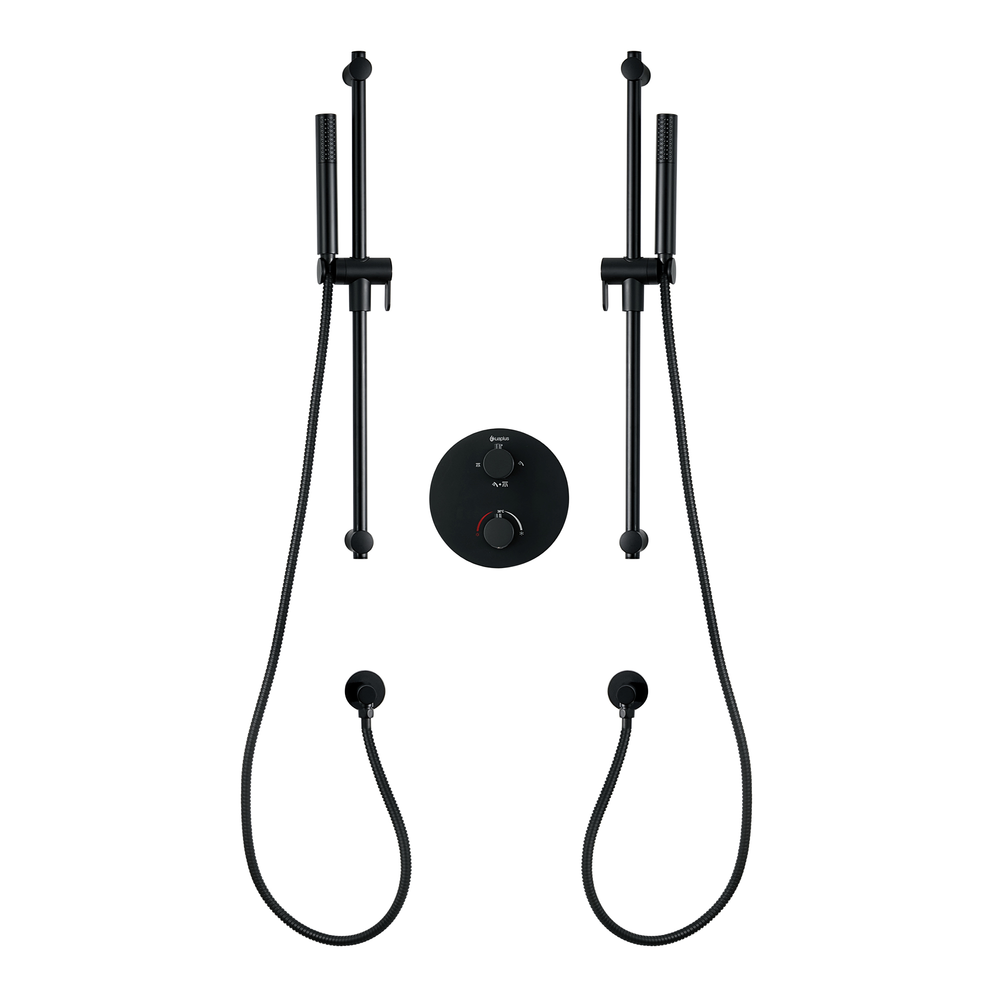 Ensemble de douche duo thermostatique rond à 4 voies avec 2 douchettes sur barres de douche akuaplus®