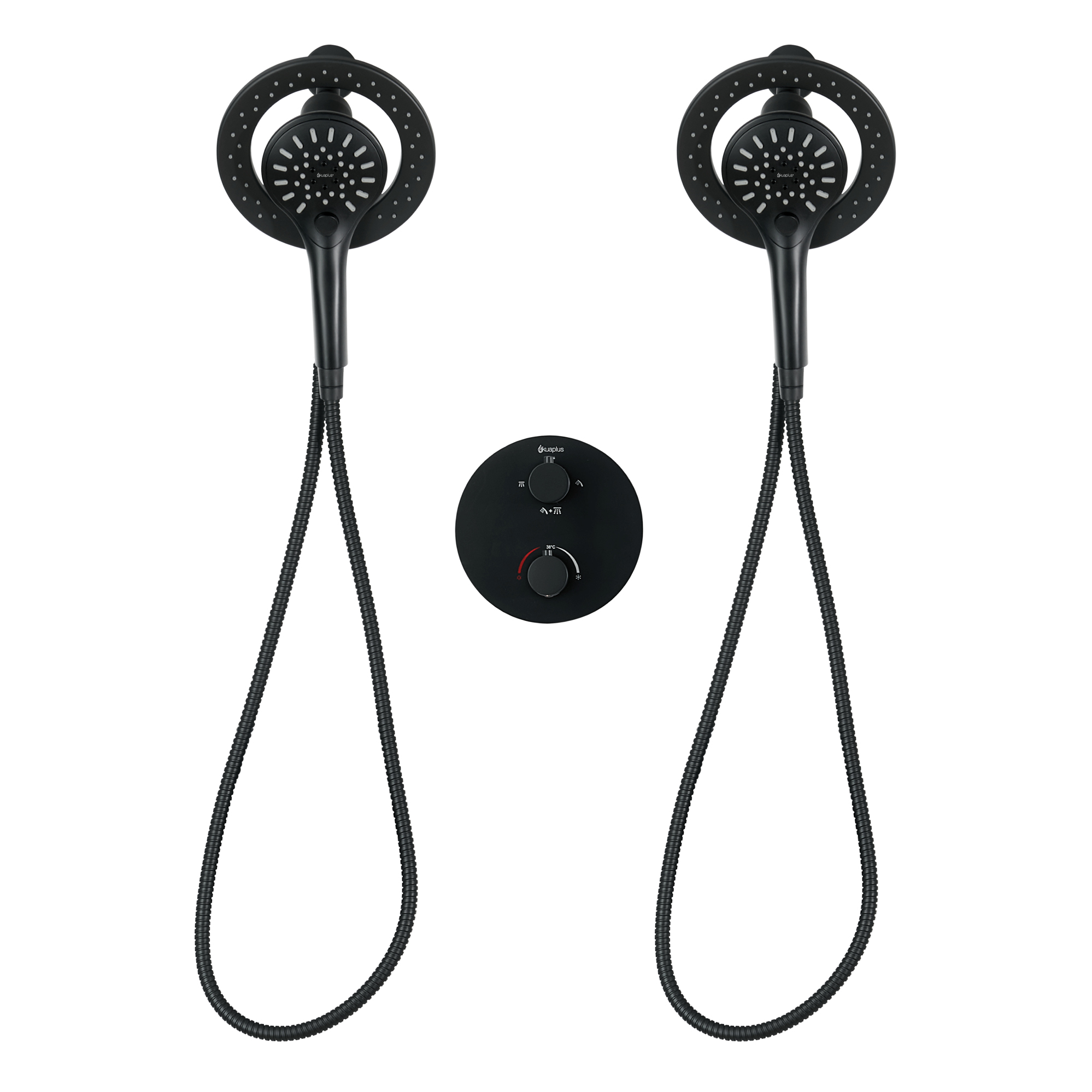 Ensemble de douche duo thermostatique rond à 4 voies avec 2 ensembles pommeau et douchette magnétique à 3 réglages par akuaplus®