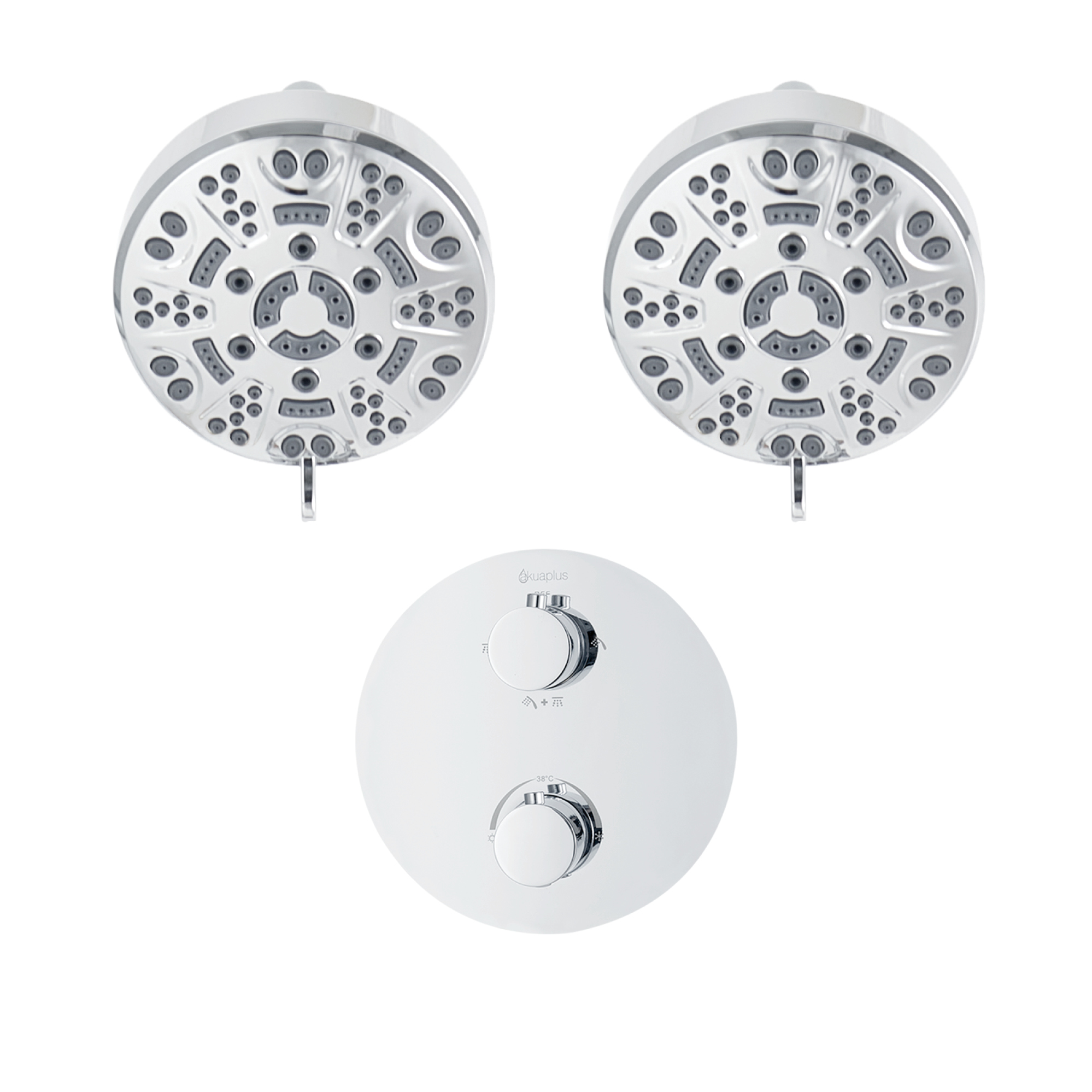 Ensemble de douche duo thermostatique rond à 4 voies avec 2 pommeaux de douche à 8 réglages par akuaplus®
