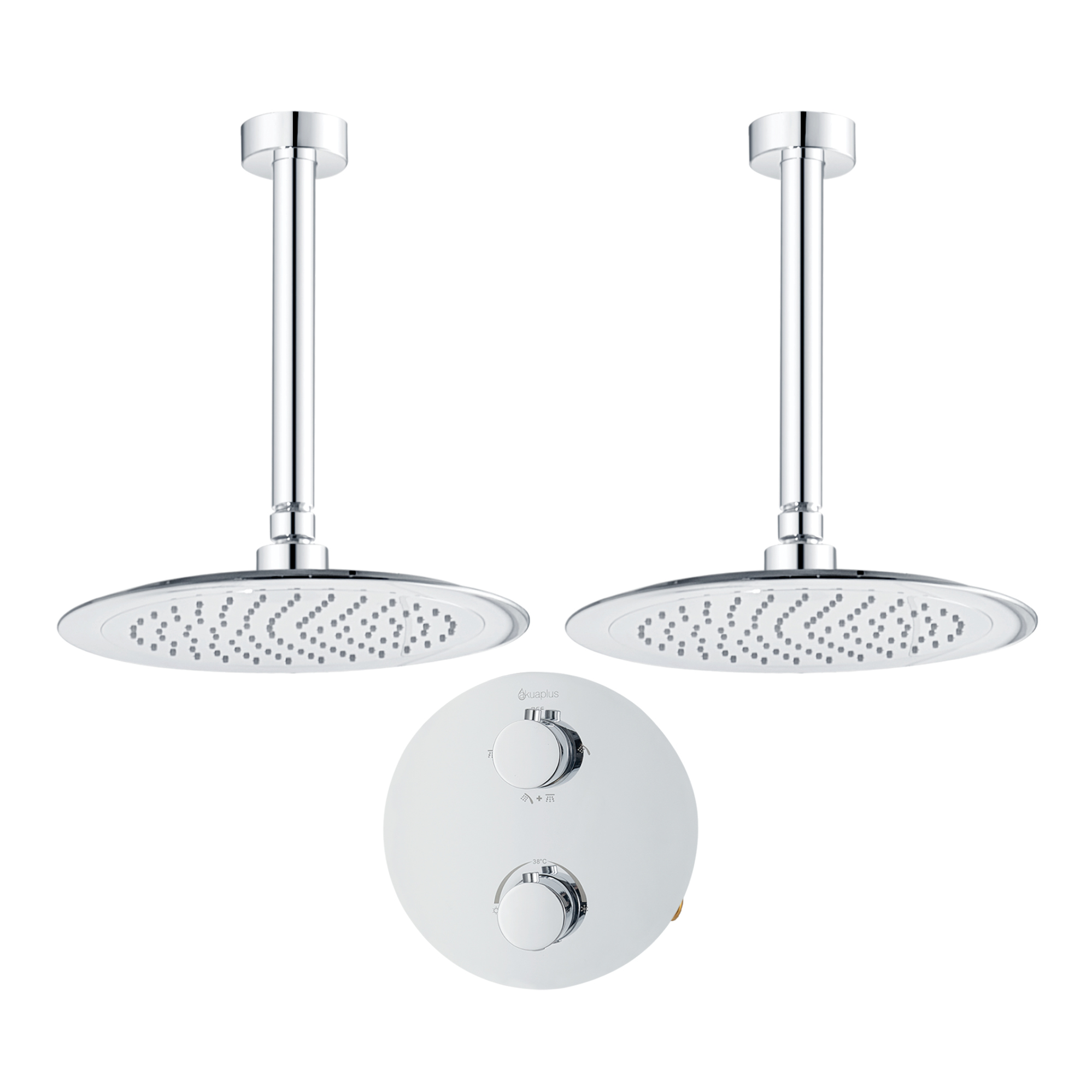 Ensemble de douche duo thermostatique rond à 4 voies avec 2 pommeaux de douche pluie par akuaplus®