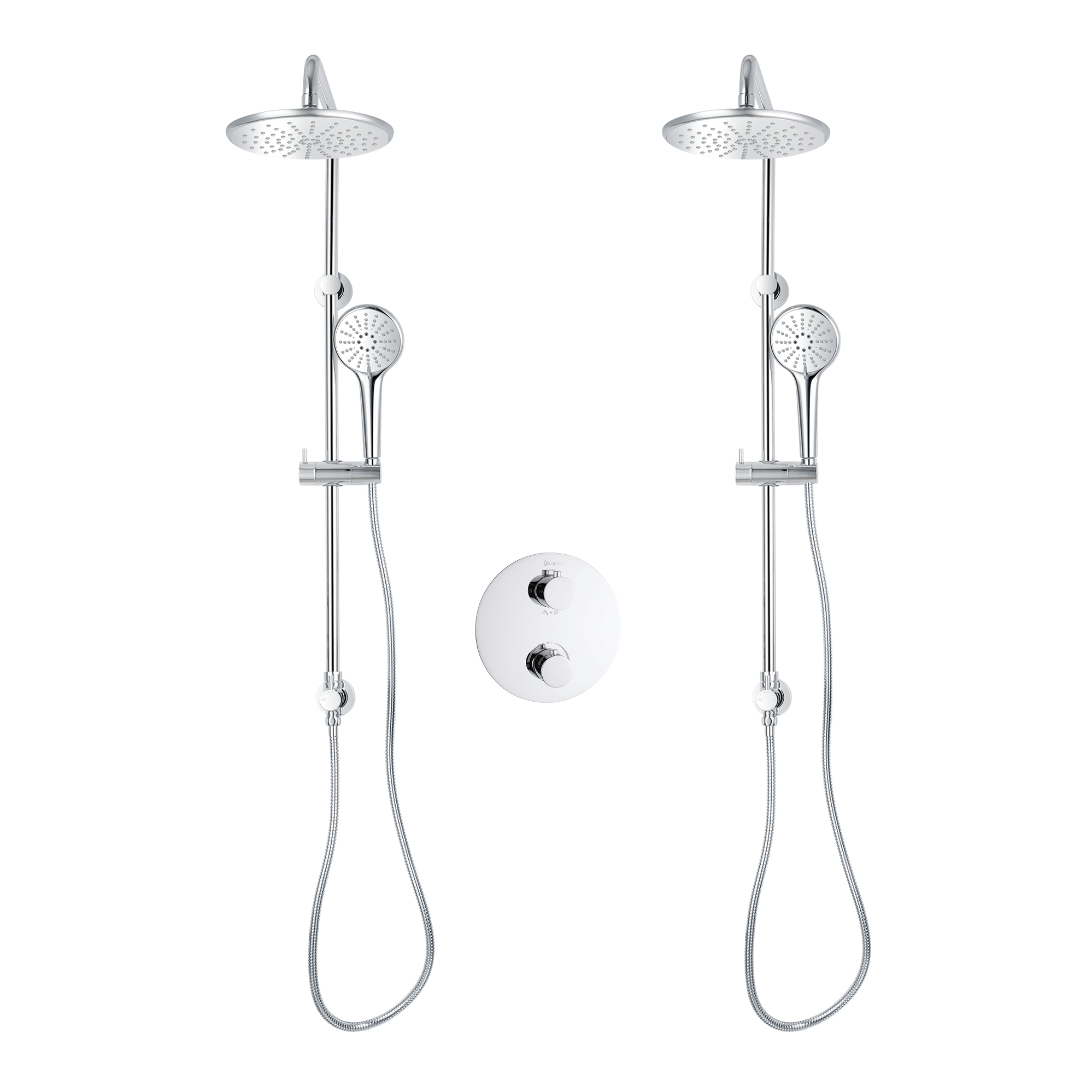 Ensemble de douche duo thermostatique rond à 4 voies avec 2 systèmes de douche pluie et douchette 3 réglages par akuaplus®
