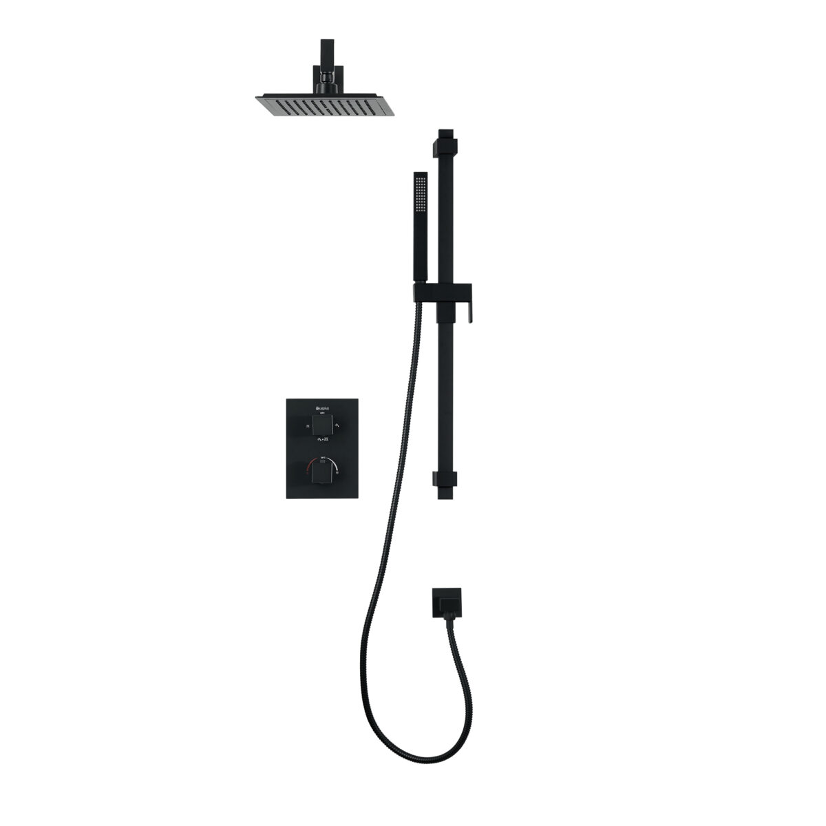 Square 4-way thermostatic shower set with waterfall shower head and hand shower on shower rail by akuaplus®