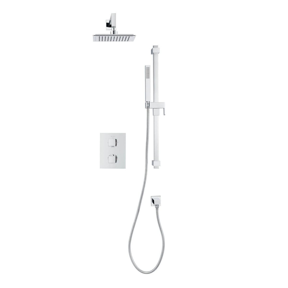 Square 4-way thermostatic shower set with waterfall shower head and hand shower on shower rail by akuaplus®