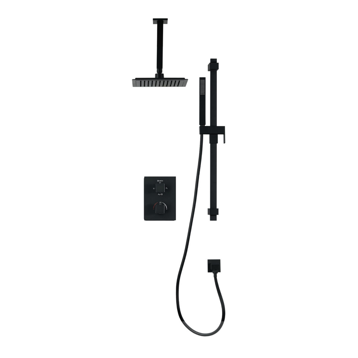 Square 4-way thermostatic shower set with waterfall shower head and hand shower on shower rail by akuaplus®