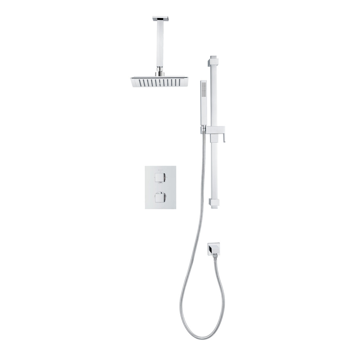 Square 4-way thermostatic shower set with waterfall shower head and hand shower on shower rail by akuaplus®