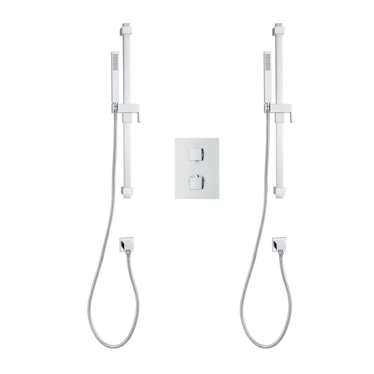 Square 4-way thermostatic duo shower set with 2 hand showers on 2 shower bars akuaplus®