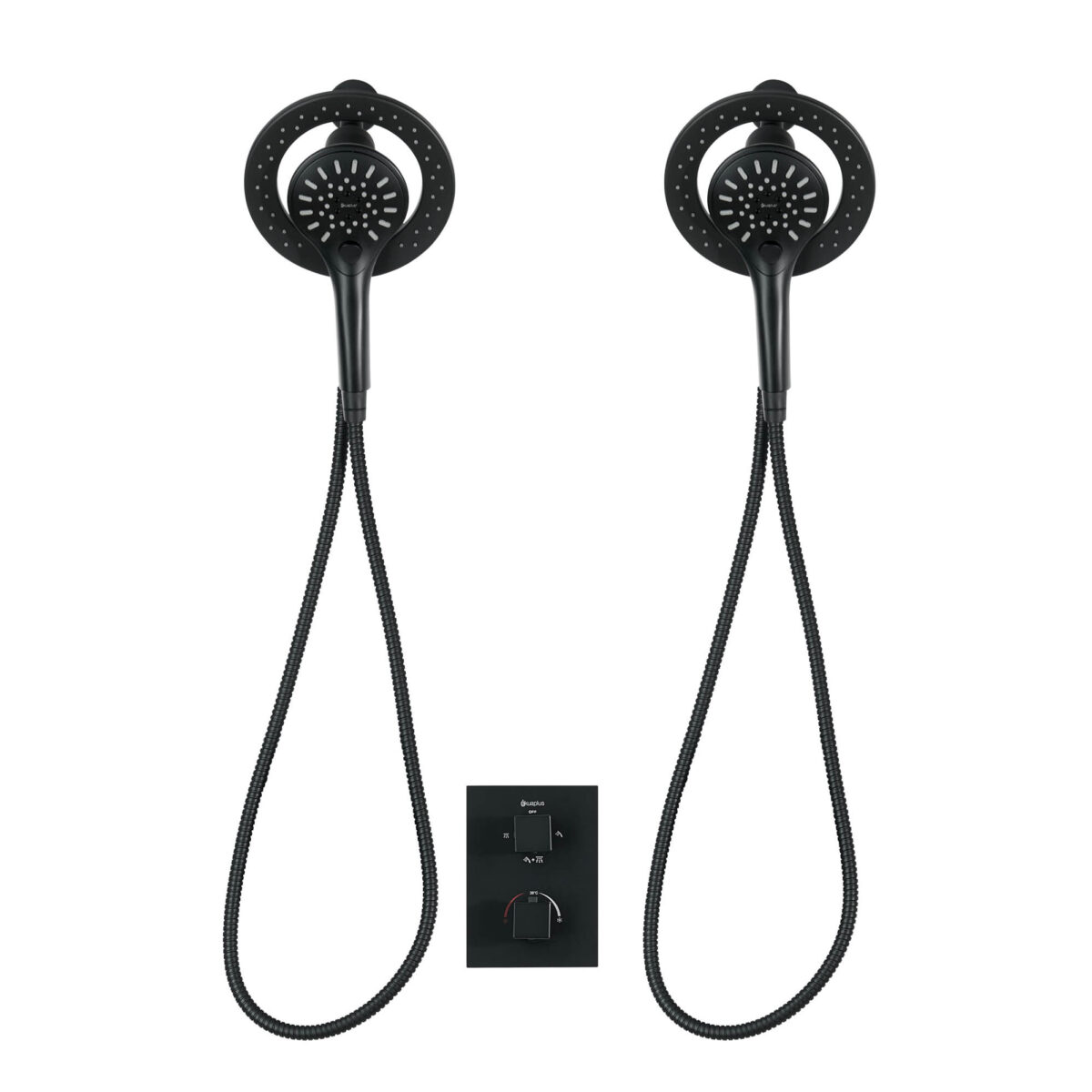 Square 4-way thermostatic duo shower set with 2 magnetic shower heads and hand showers with 3 settings by akuaplus®