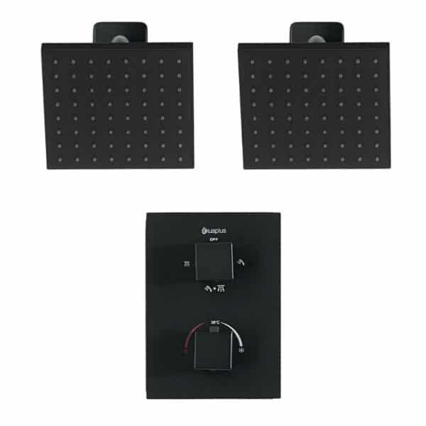 Ensemble de douche duo thermostatique carré à 4 voies avec 2 pommeaux de douche pluie par akuaplus®