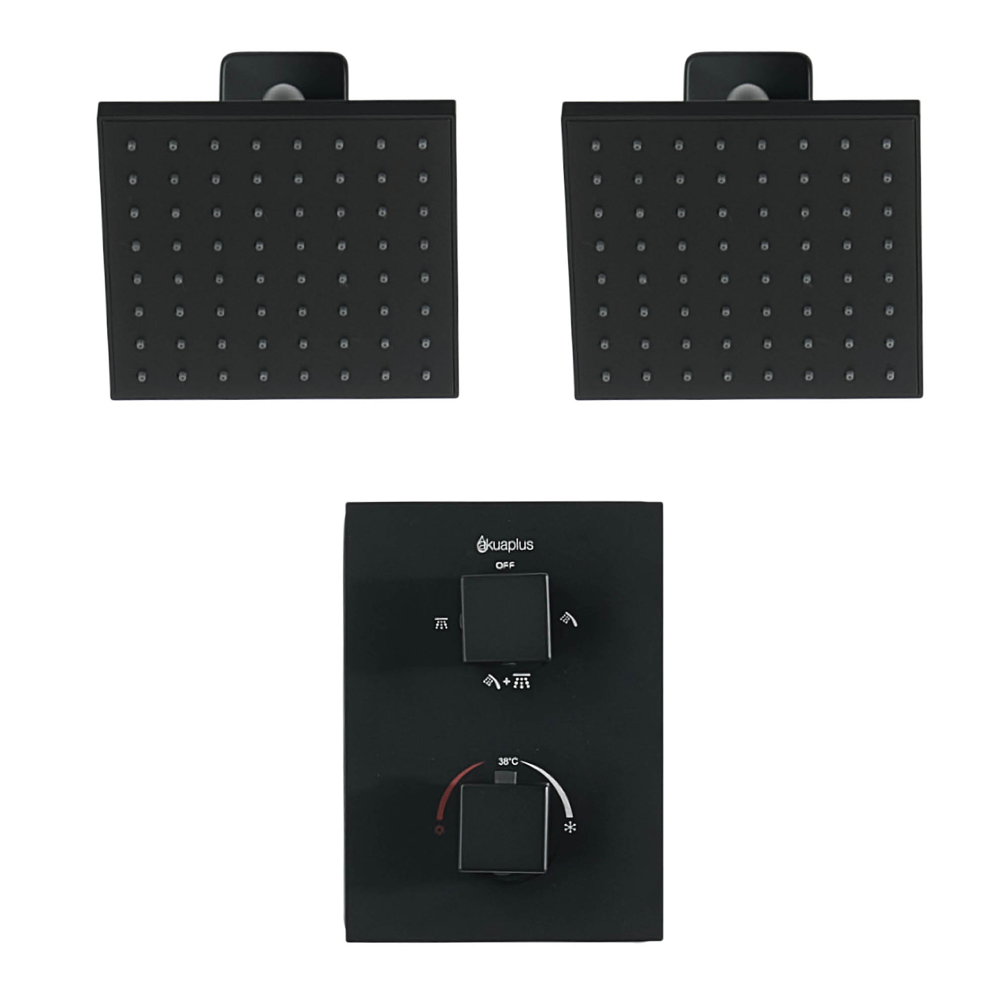 Square 4-way thermostatic duo shower set with 2 waterfall shower heads by akuaplus®