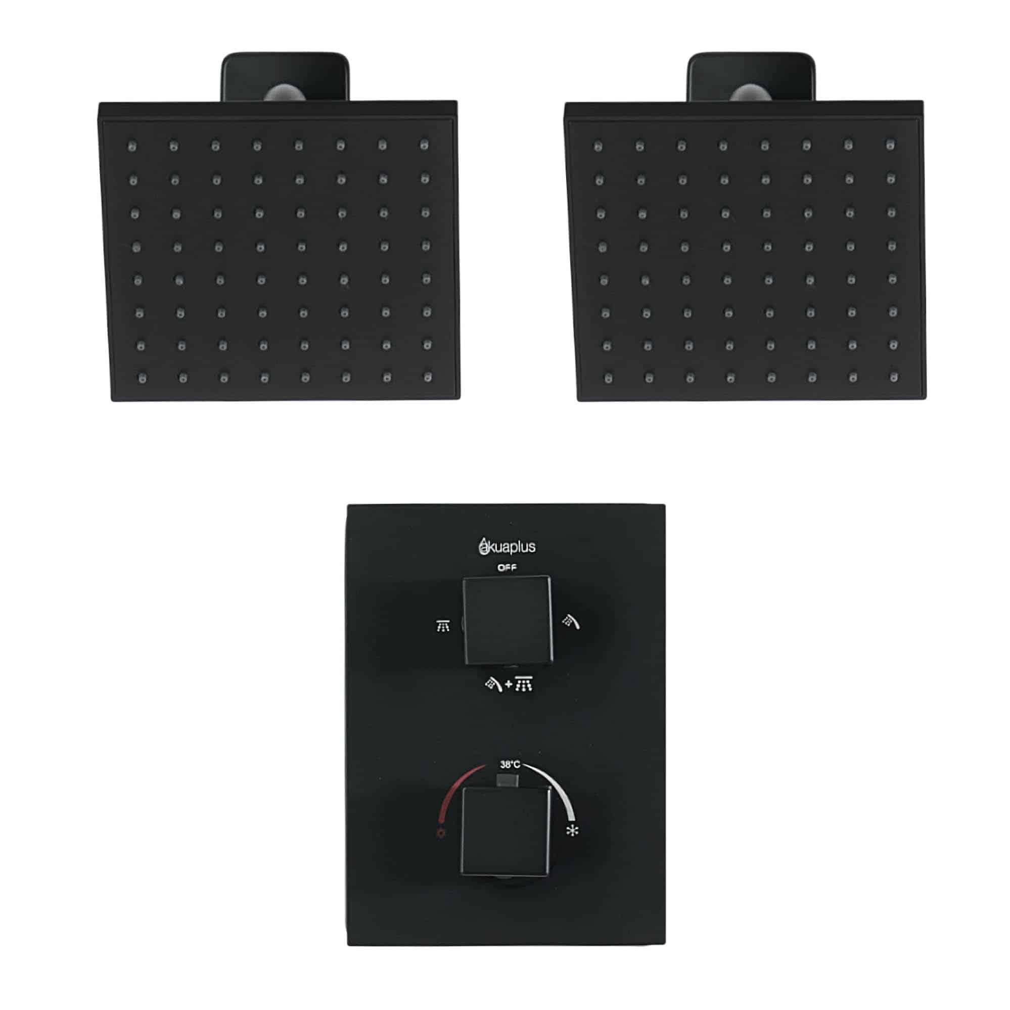Ensemble de douche duo thermostatique carré à 4 voies avec 2 pommeaux de douche pluie par akuaplus®