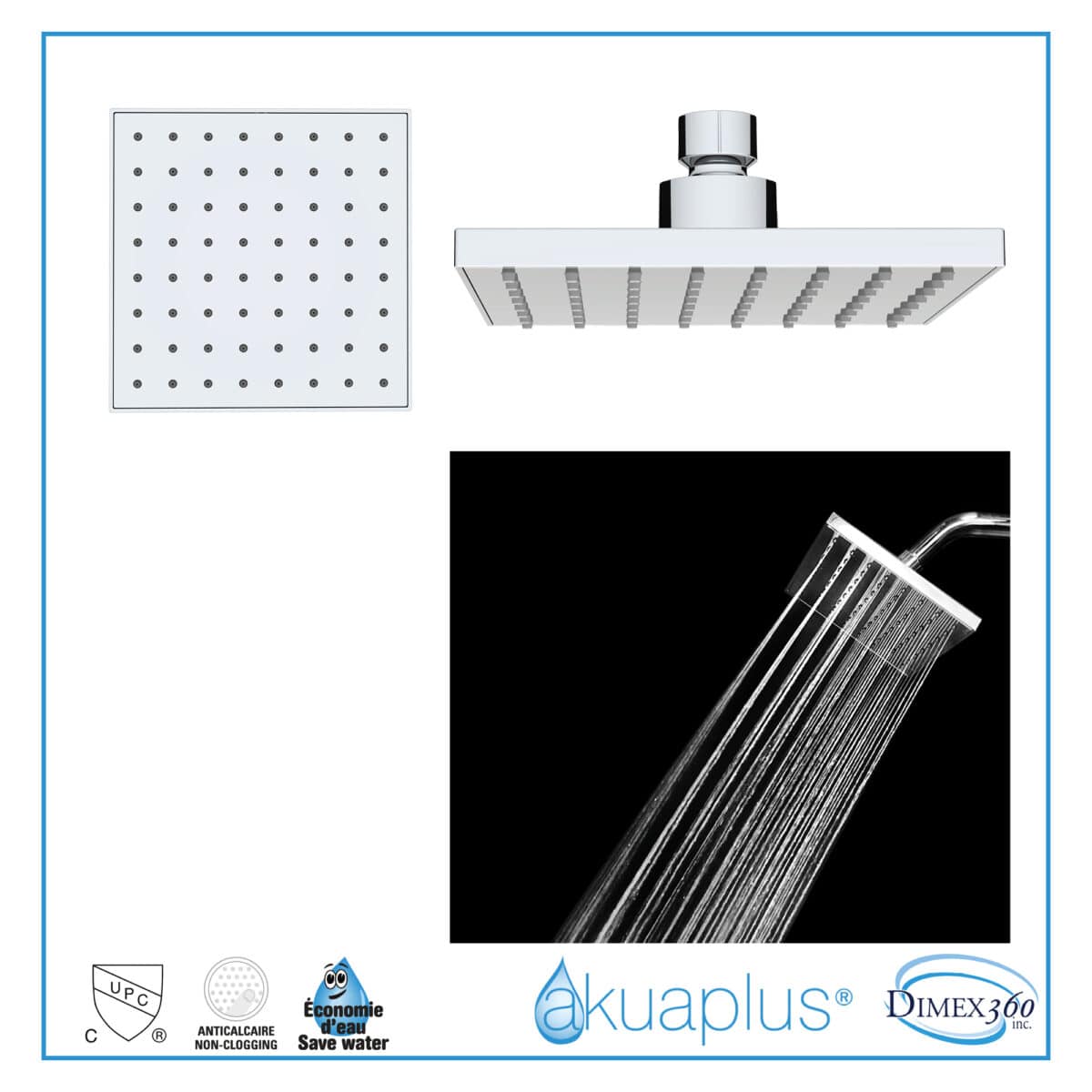 Ensemble de douche duo thermostatique carré à 4 voies avec 2 pommeaux de douche pluie par akuaplus®