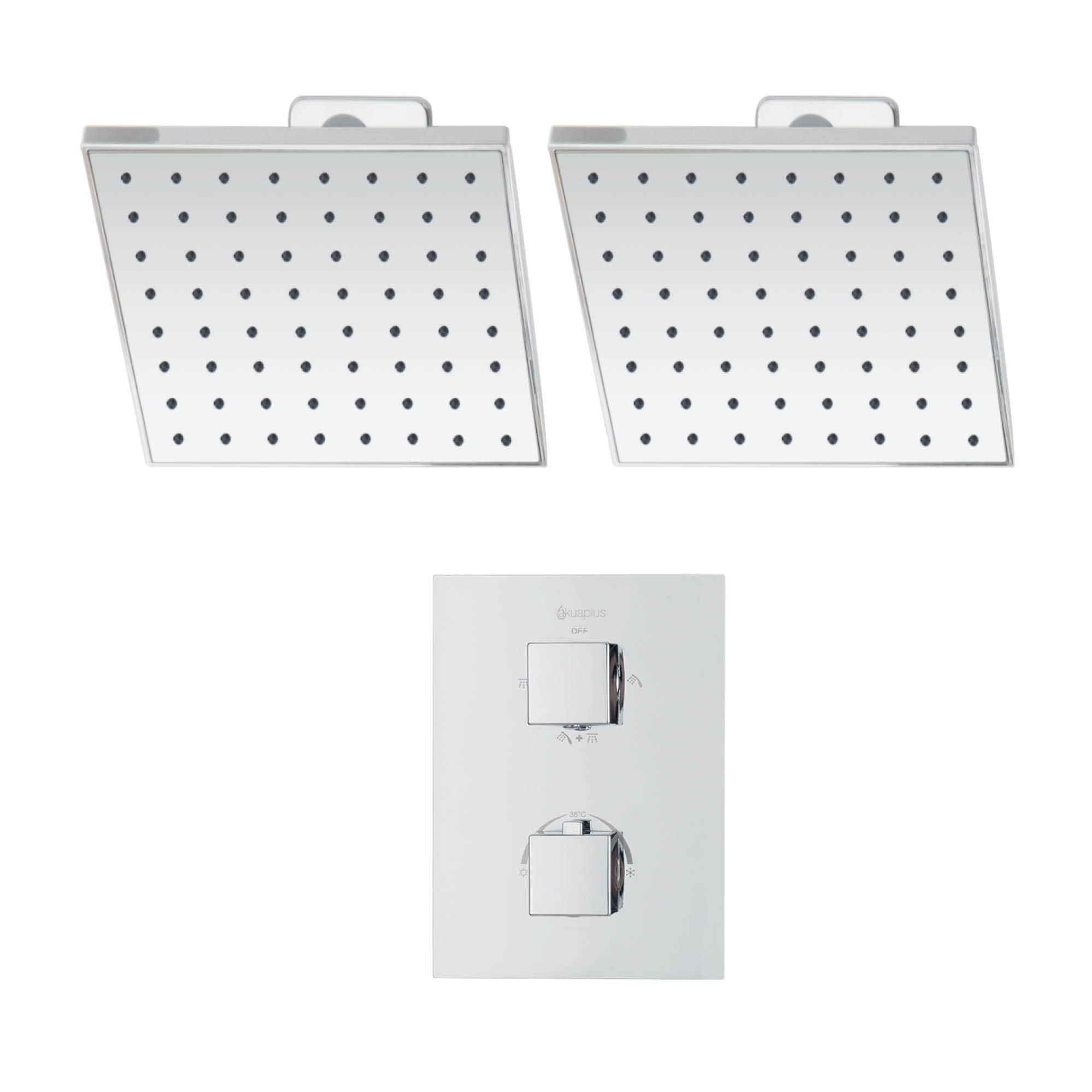 Square 4-way thermostatic duo shower set with 2 waterfall shower heads by akuaplus®