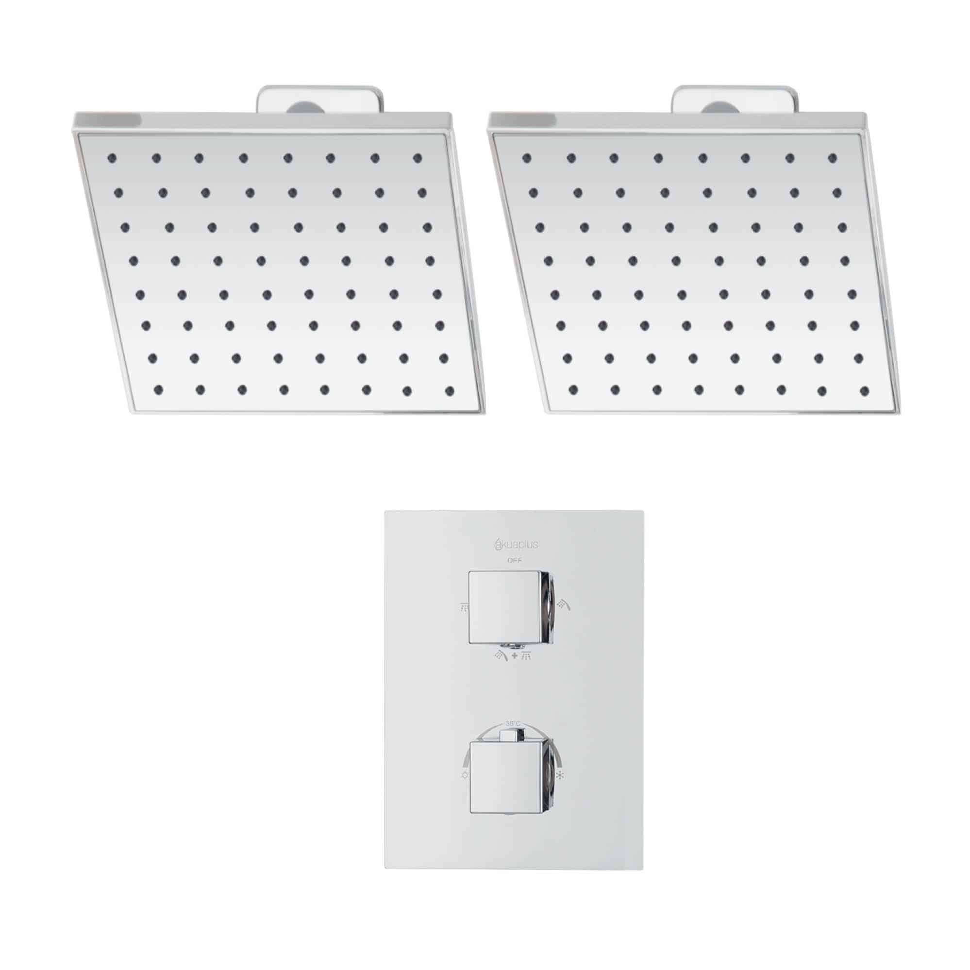 Ensemble de douche duo thermostatique carré à 4 voies avec 2 pommeaux de douche pluie par akuaplus®