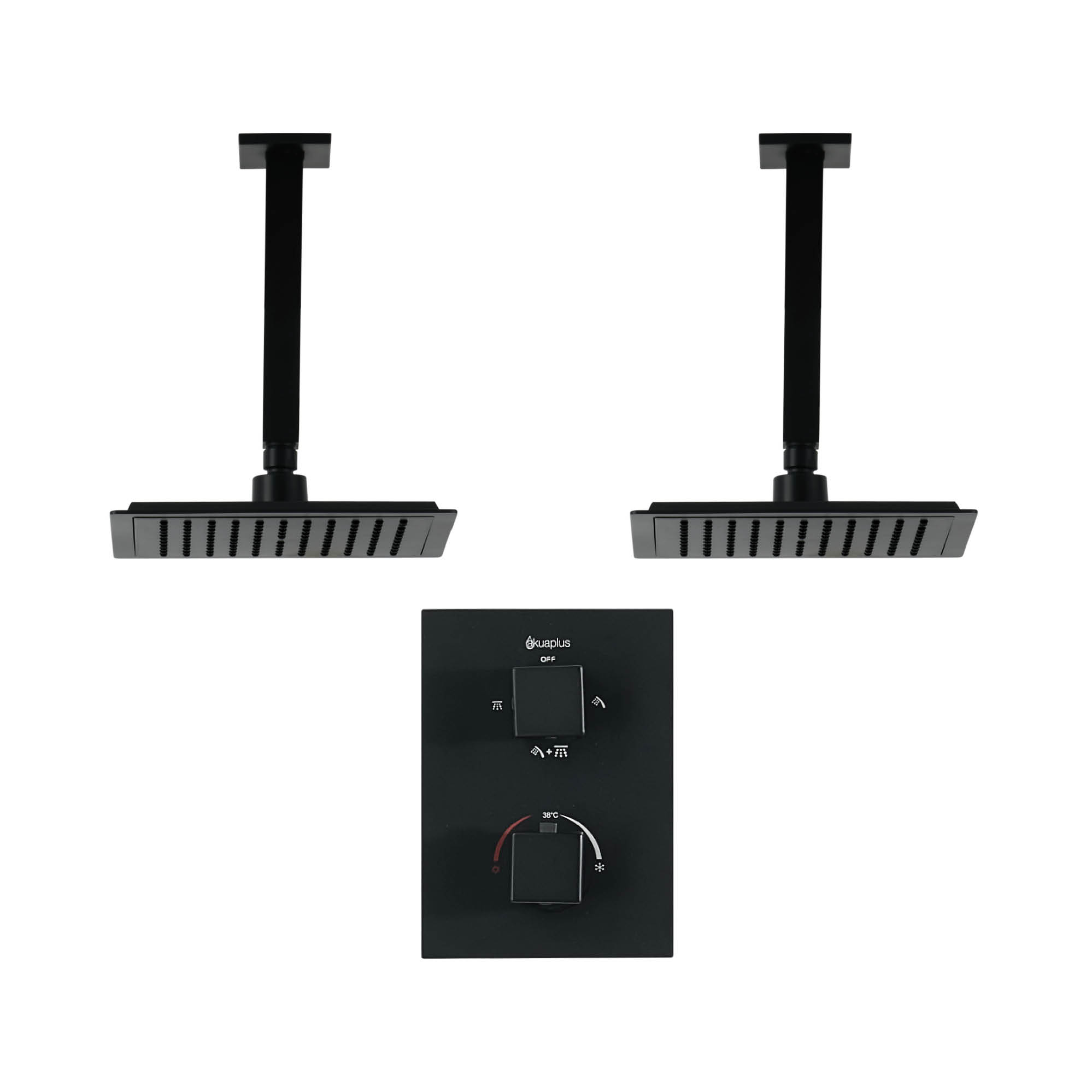 Square 4-way thermostatic duo shower set with 2 waterfall shower heads by akuaplus®