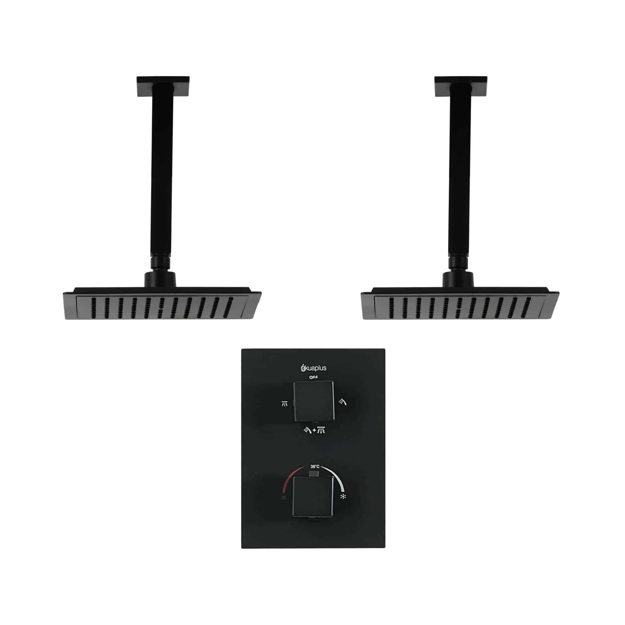 Ensemble de douche duo thermostatique carré à 4 voies avec 2 pommeaux de douche pluie par akuaplus®