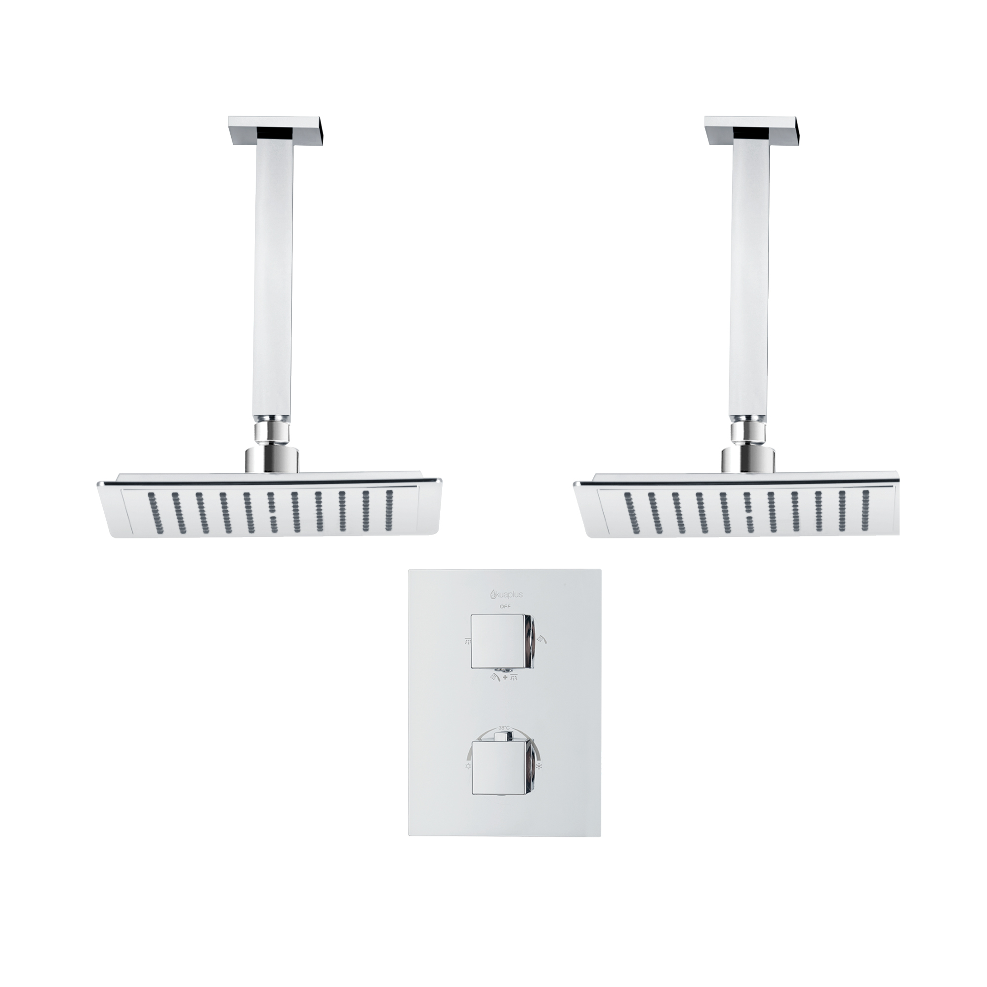 Square 4-way thermostatic duo shower set with 2 waterfall shower heads by akuaplus®