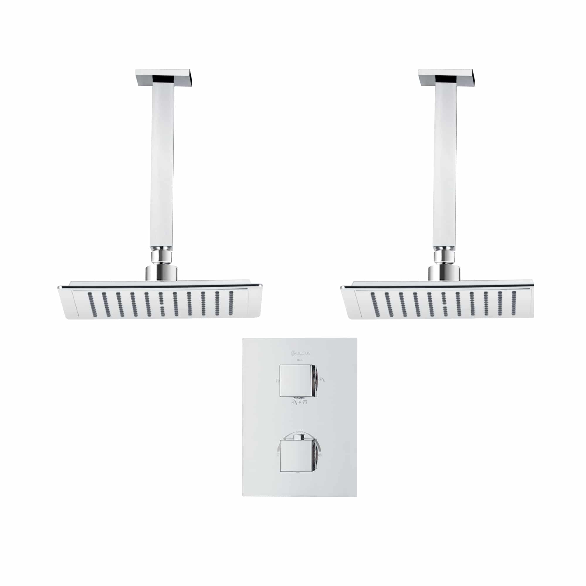Ensemble de douche duo thermostatique carré à 4 voies avec 2 pommeaux de douche pluie par akuaplus®
