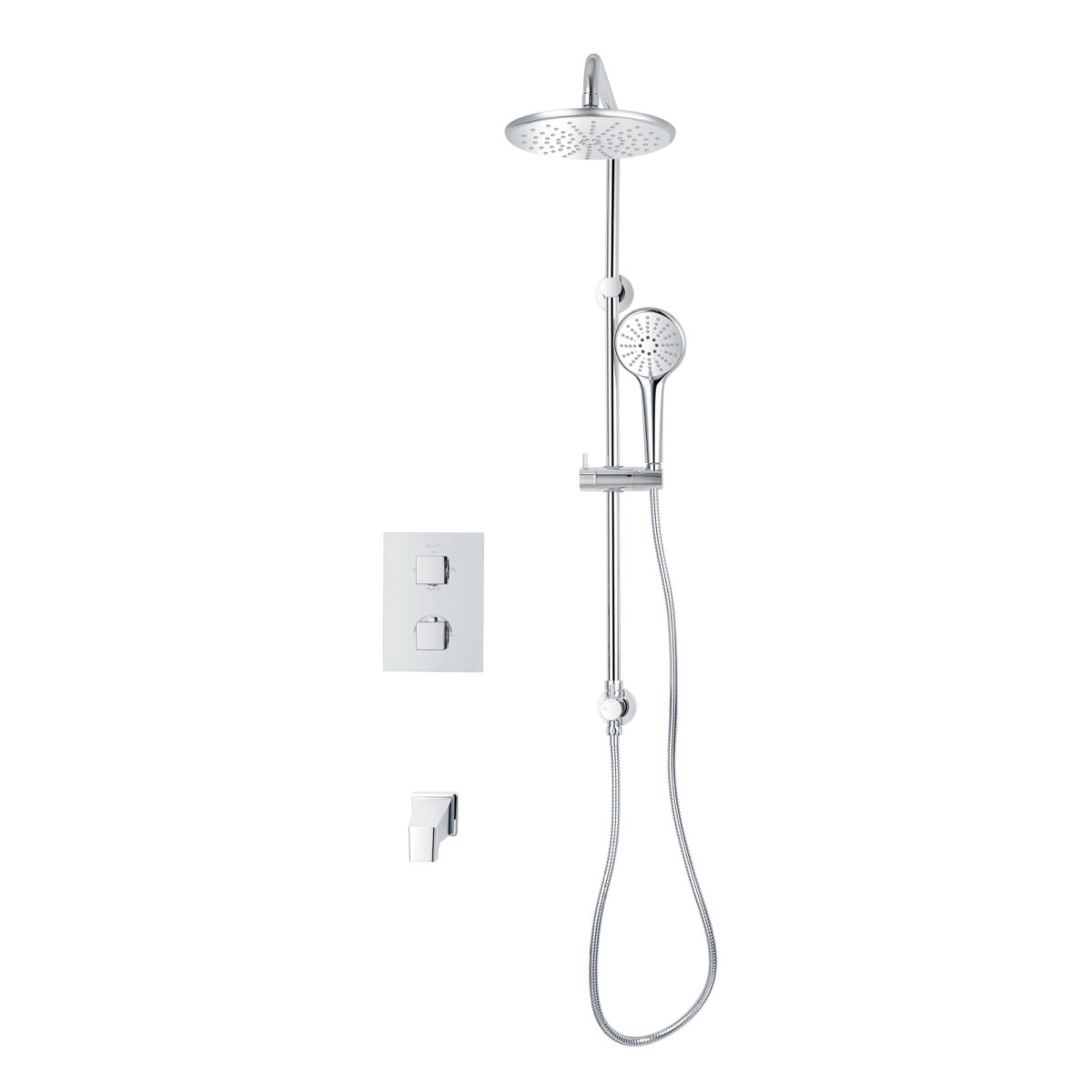 Square 4-way thermostatic bath-shower set with 3-setting waterfall shower head and hand shower system by akuaplus®