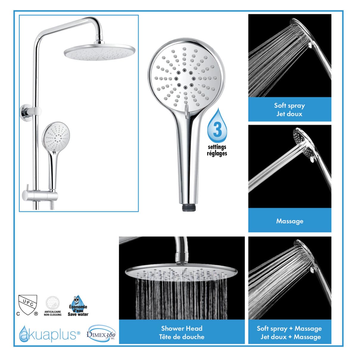 Ensemble de douche duo thermostatique carré à 4 voies avec 2 systèmes de douche pluie et douchette 3 réglages par akuaplus®