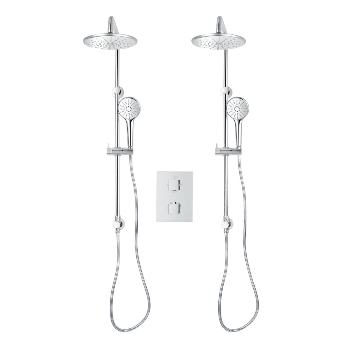 Square 4-way thermostatic duo shower set with 2 waterfall shower head and 3-setting hand shower systems by akuaplus®