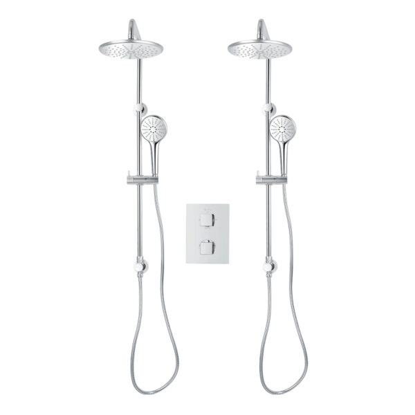 Square 4-way thermostatic duo shower set with 2 waterfall shower head and 3-setting hand shower systems by akuaplus®