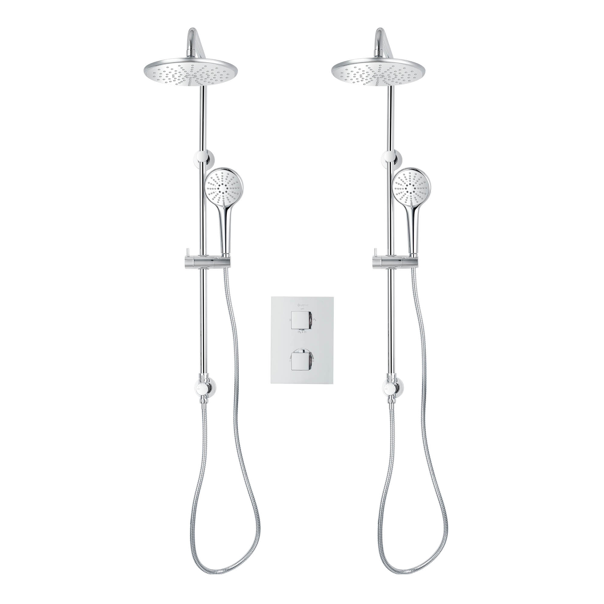 Square 4-way thermostatic duo shower set with 2 waterfall shower head and 3-setting hand shower systems by akuaplus®