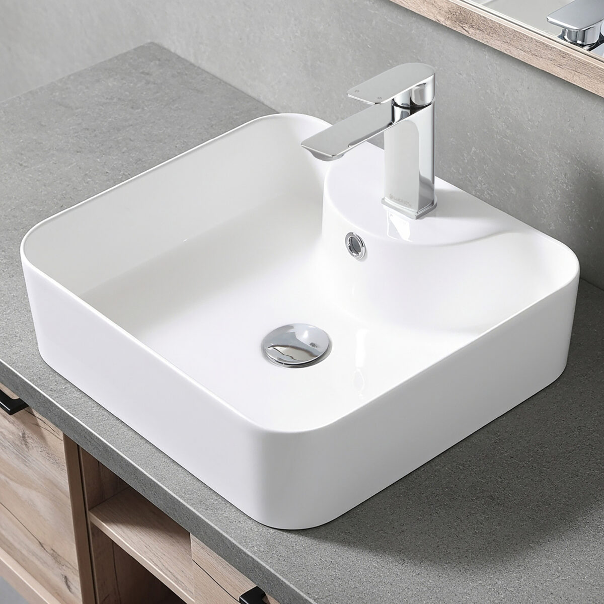Square Synthetic Stone Countertop Basin ZIRA – Single-Hole with Overflow by akuaplus®