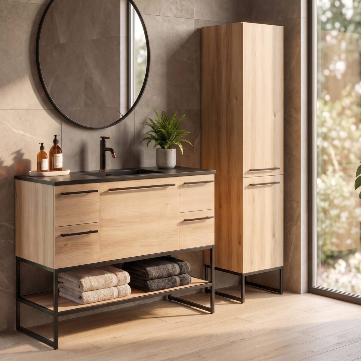 16-Inch Modern Two-Tone Bathroom Linen Cabinet - Open Alcove