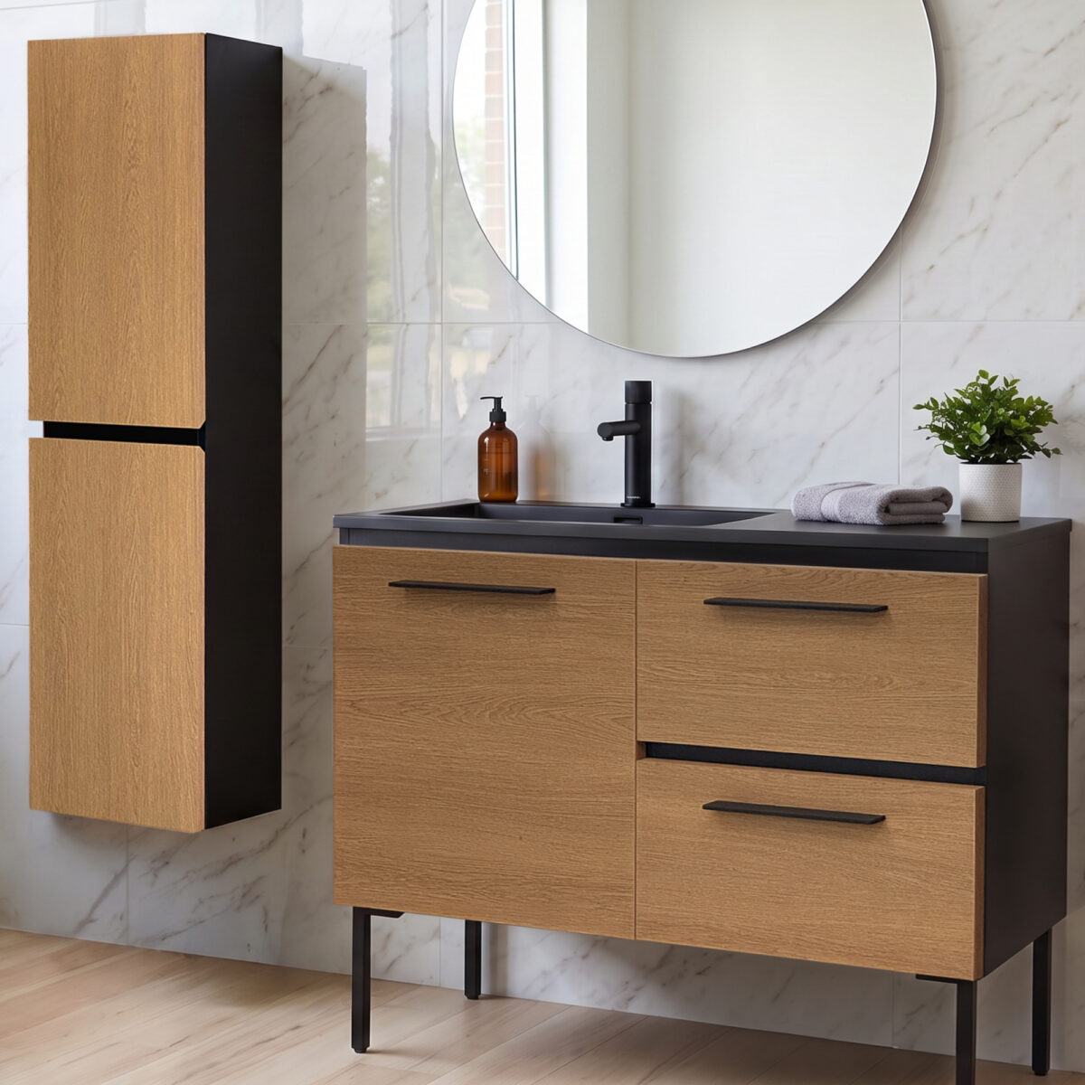 16-Inch Modern Two-Tone Bathroom Linen Cabinet - Open Alcove