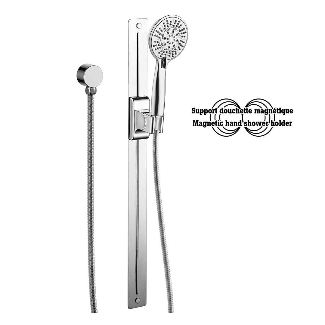 akuaplus® MSDL023 | Adjustable shower post system with 10-setting hand shower. | Système de barre murale réglable avec douchette à 10 réglages.
